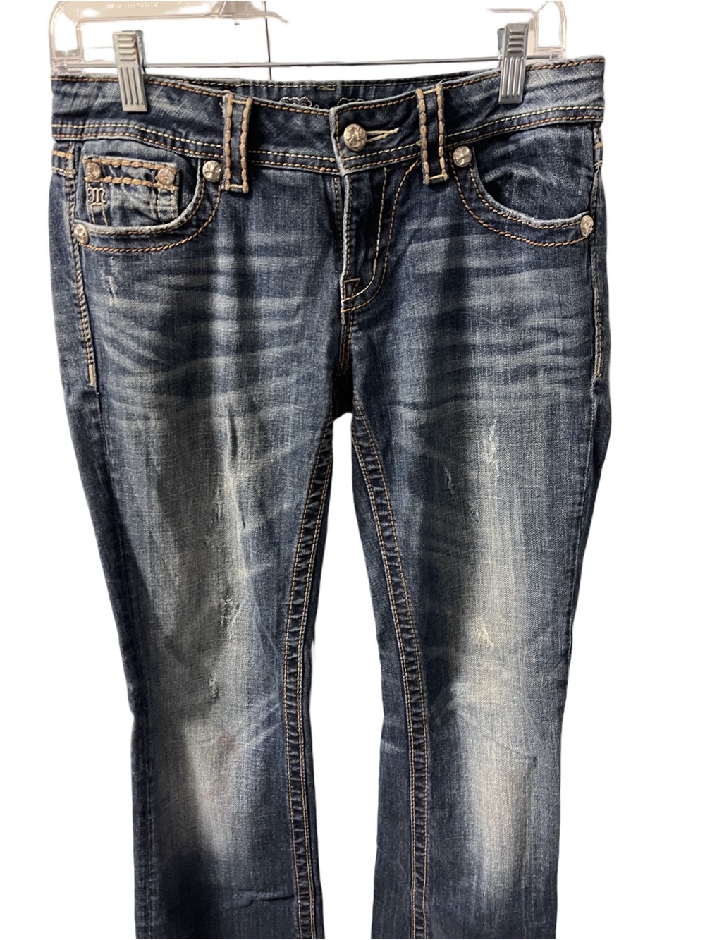 Miss Me Women’s Boot Cut Wash Distressed Jeans Rhinestones Sz 28